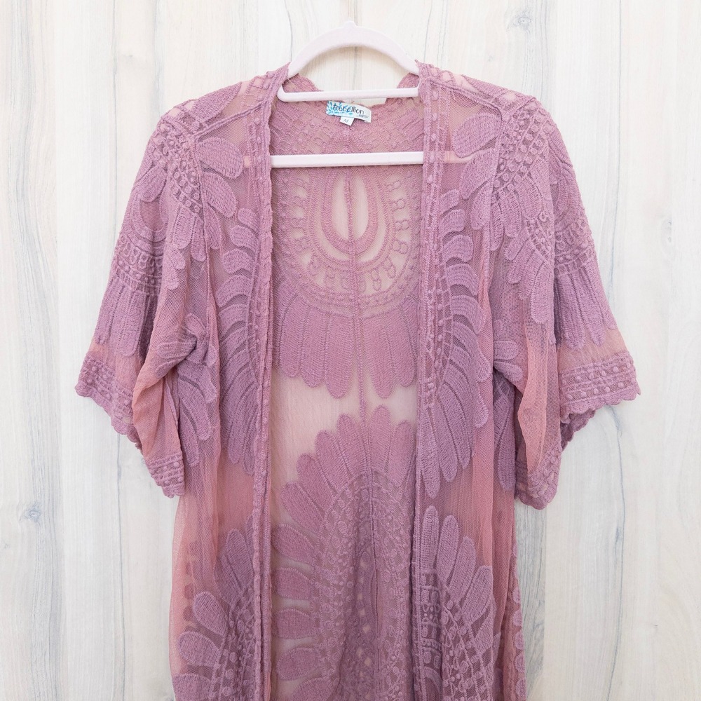 Rebellion Womens Lace Sheer Kimono M Mauve Pink Embroidered Boho Festival Fairy - Picture 2 of 8